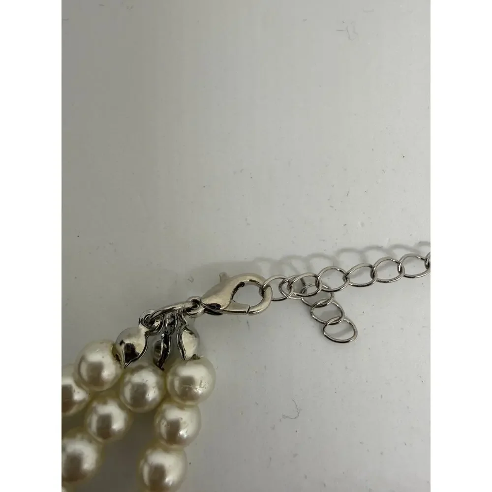 Triple Strand Faux Pearls Rhinestone Statement Necklace Layered Wedding Coquette